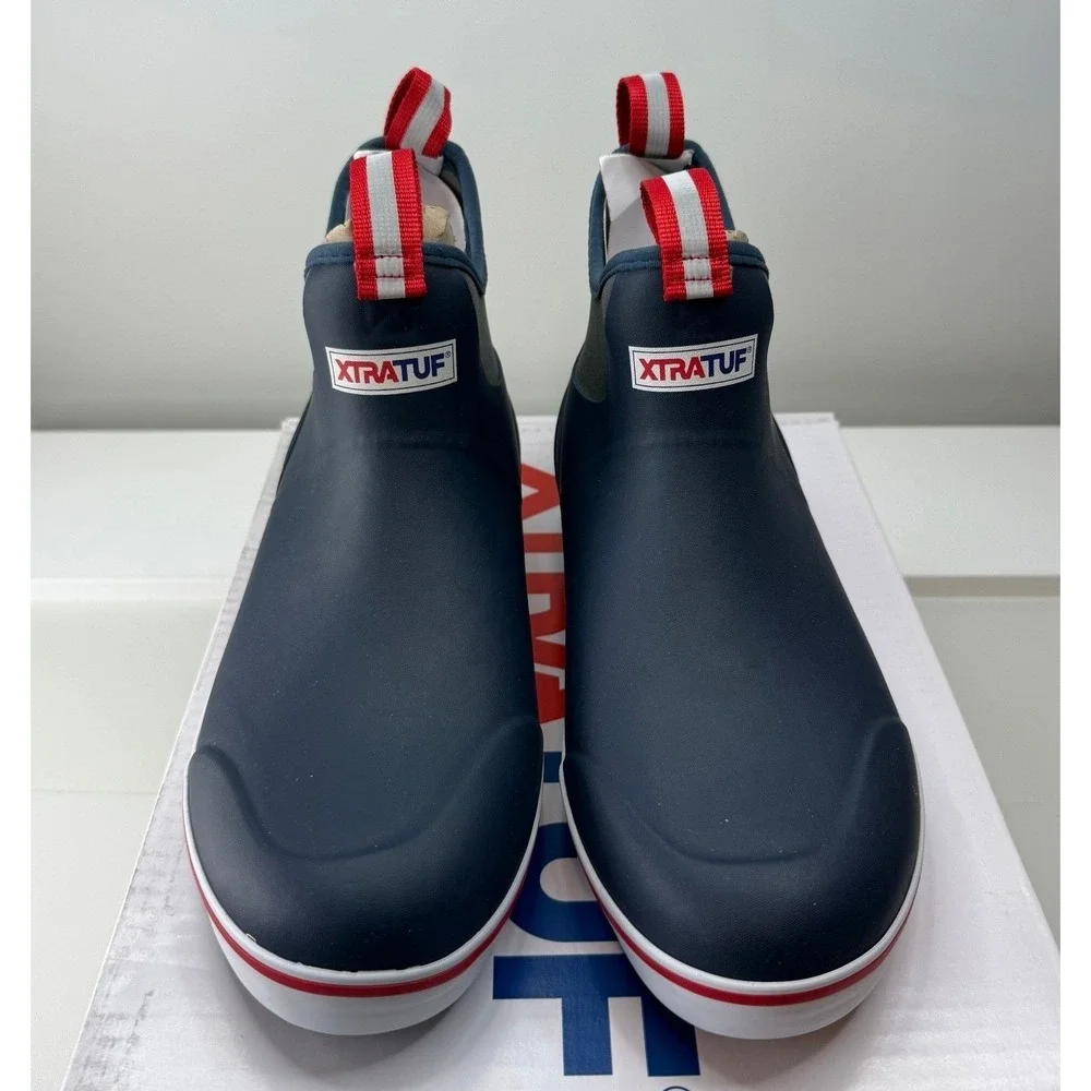 XTRATUF Mens Ankle Deck Boot Navy Red Waterproof Fishing Shoes Size 9 NEW